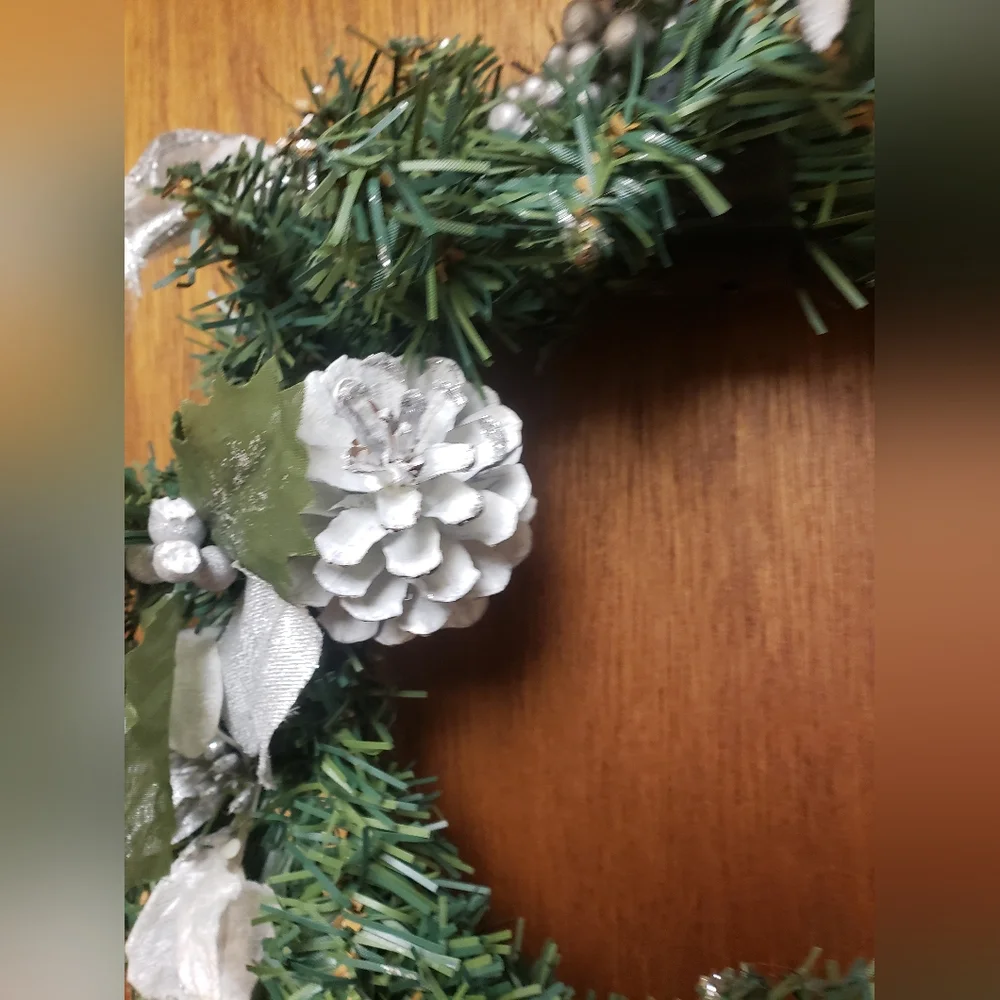Festive Green White and Silver Holiday Pine Wreath Or Centerpiece 12